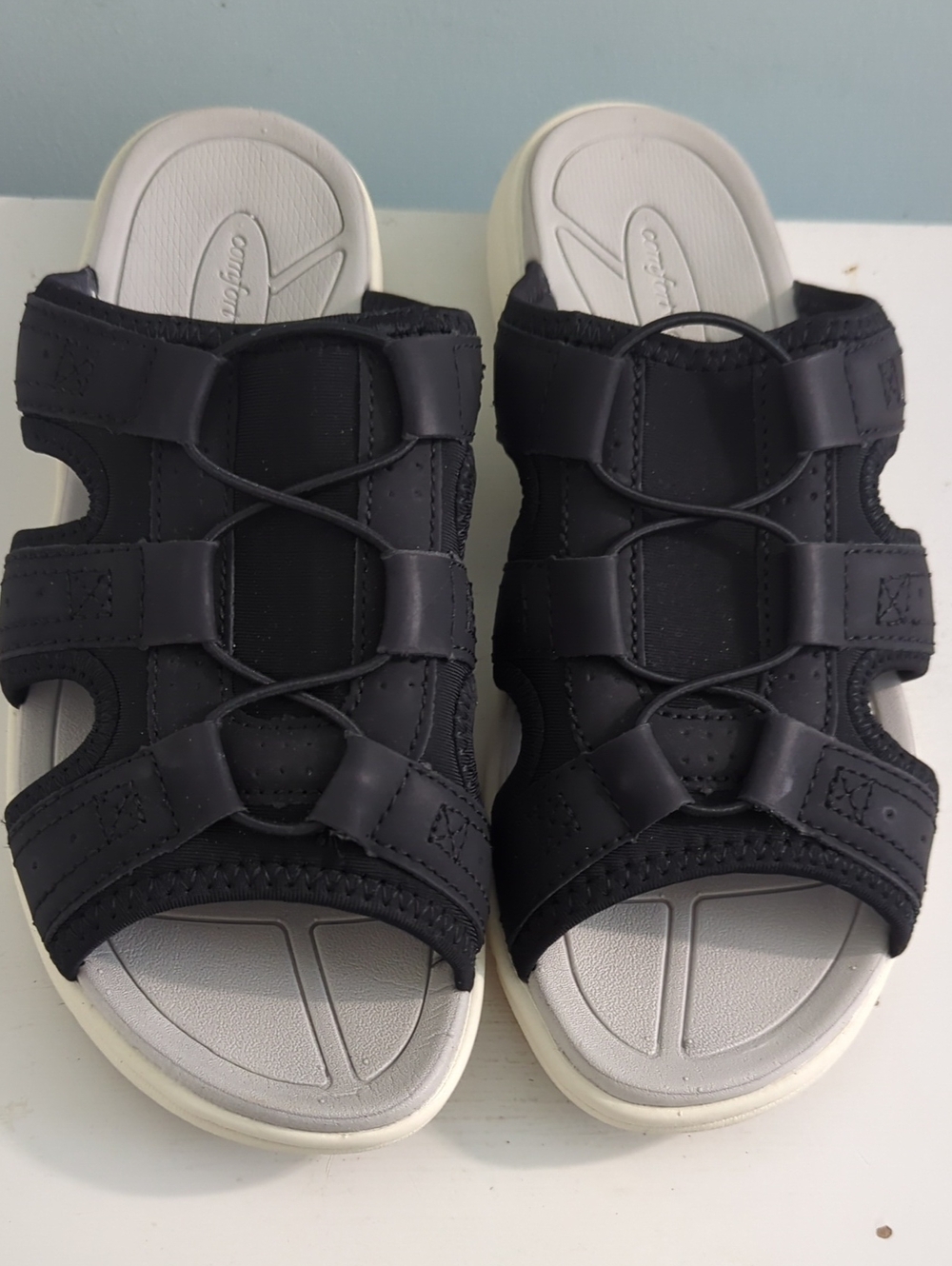 Comfortview Womens Sz 7W Black Sport Slide Sandals with Elastic Lace